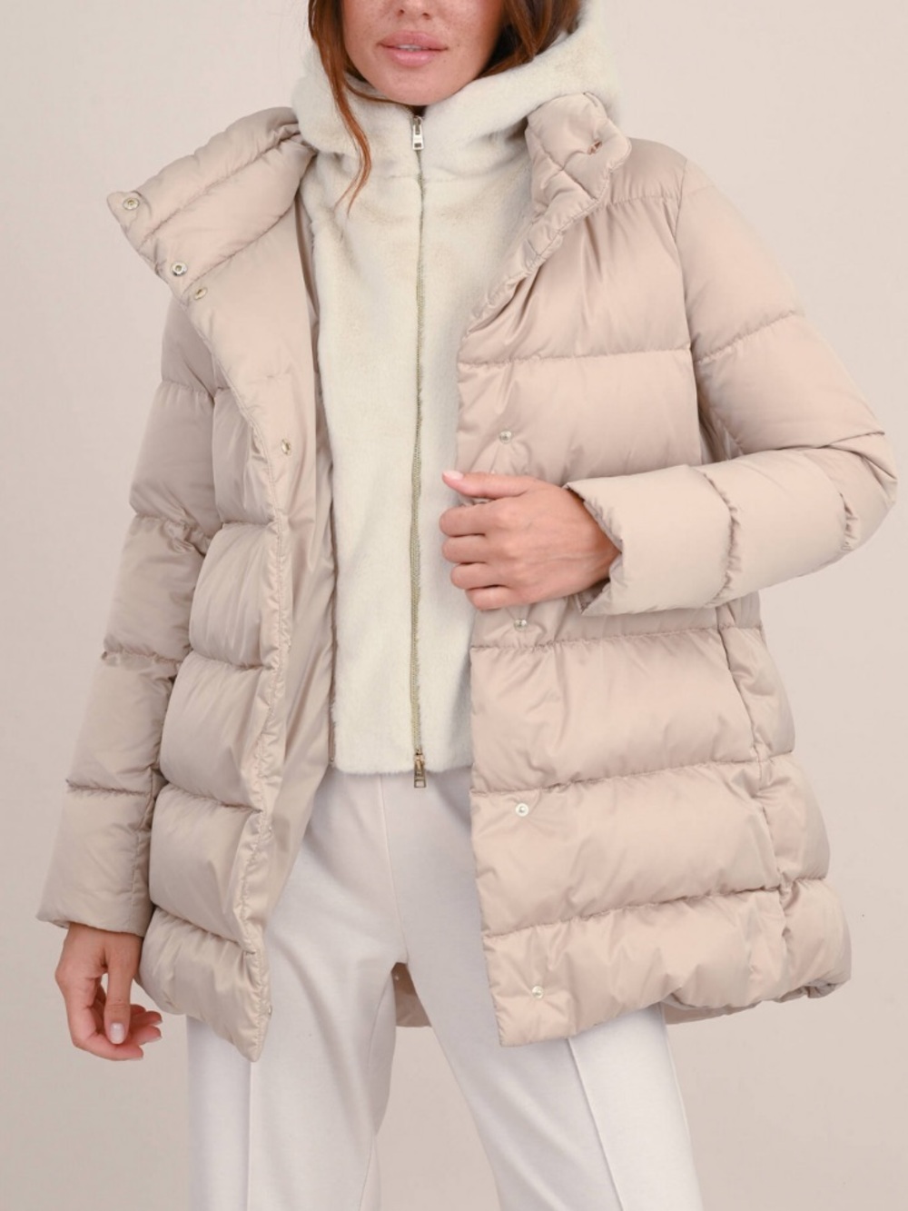 Herno Beige Quilted Faux-Fur Down Jacket with Shearling Lining